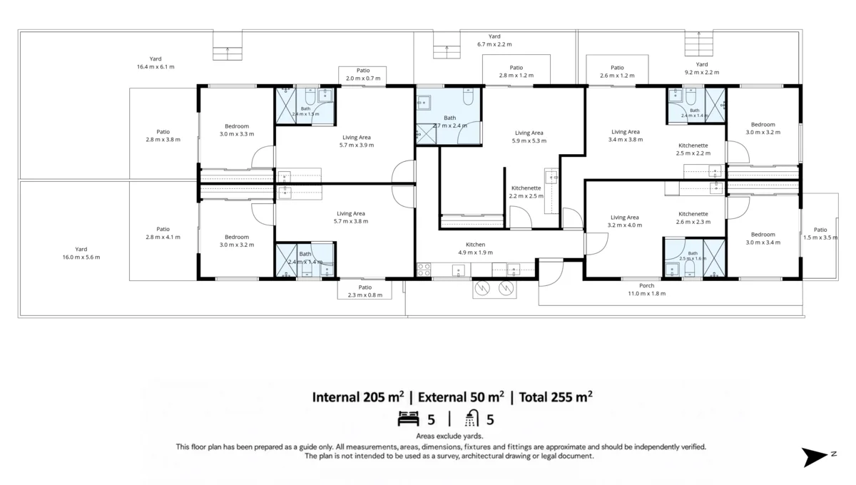Floor plan of a five-bedroom rooming house. Each bedroom has its own bathroom, living area and kitchenette, with a shared kitchen in the middle. Internal area 205 square metres.